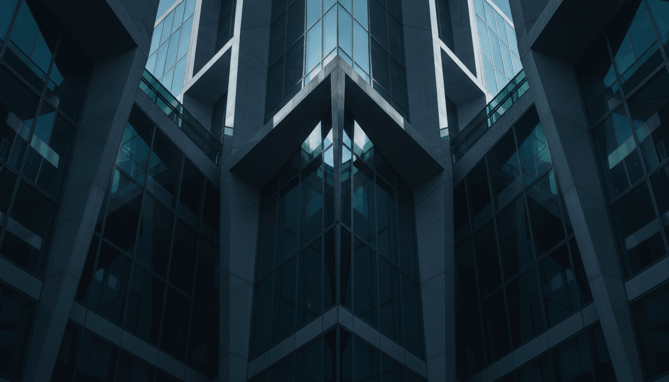 Abstract architectural geometric forms in navy and ice blue tones with sharp shadows