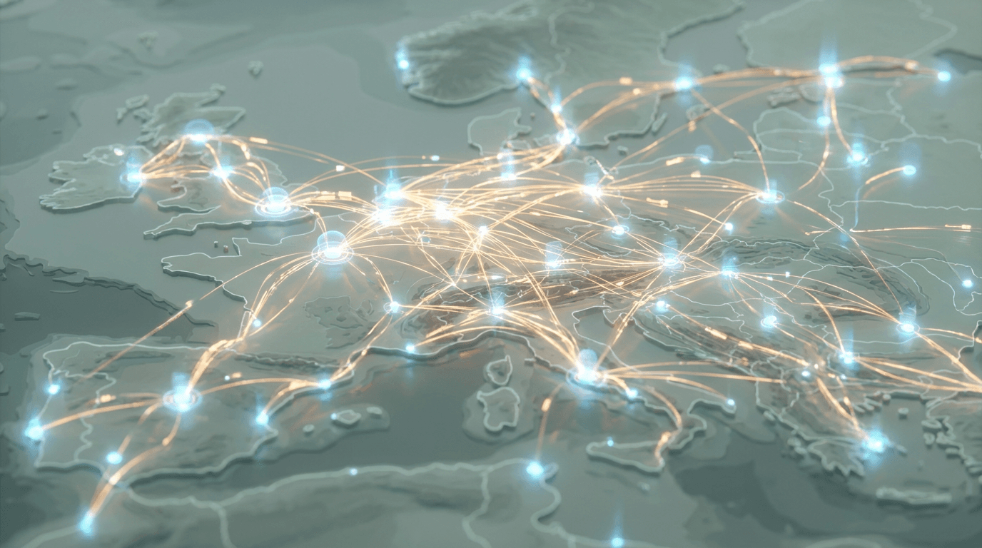 Abstract satellite logistics pattern with glowing routes on dark navy background