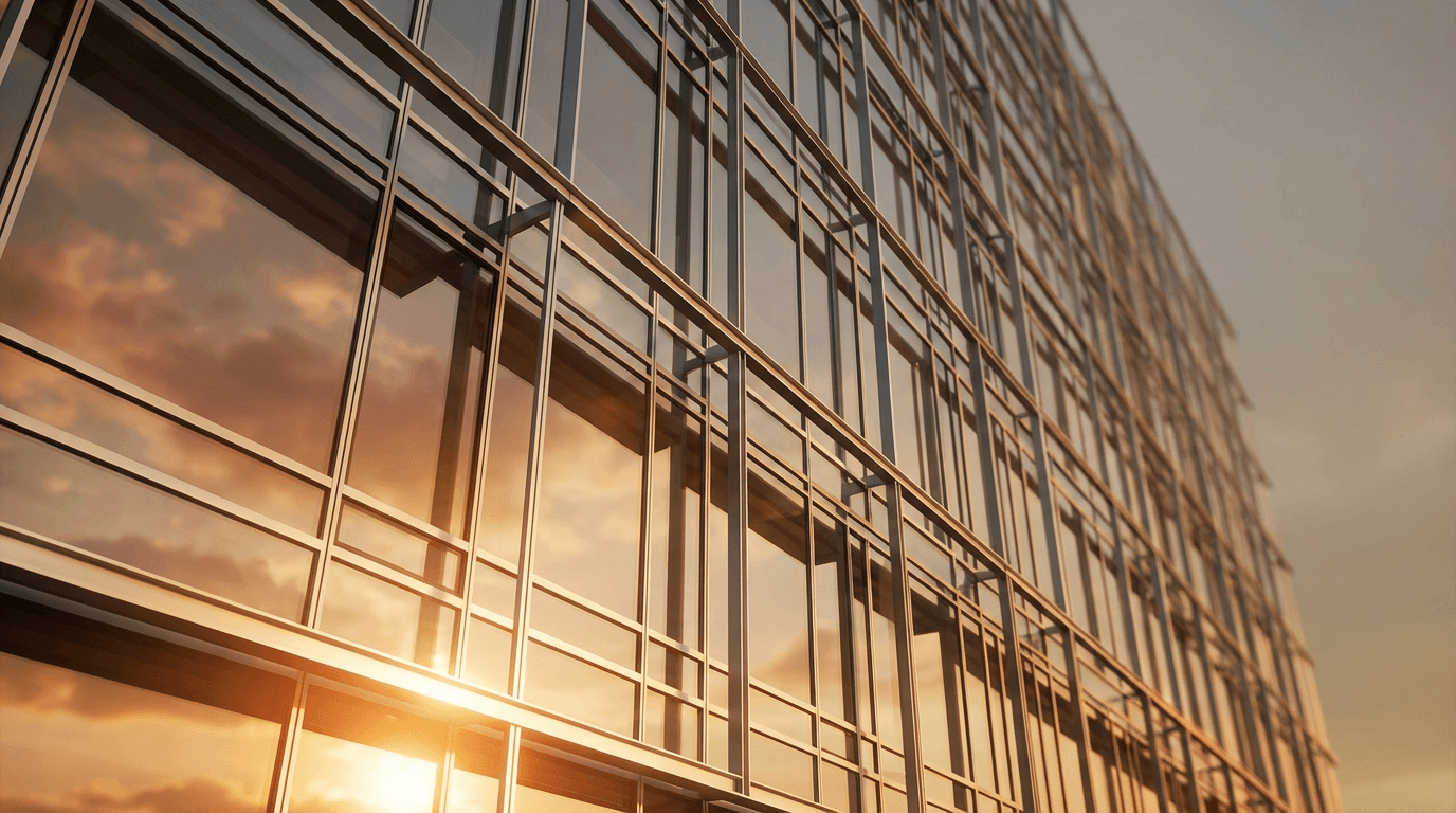 Modern architectural geometry with sharp lines against ice blue sky